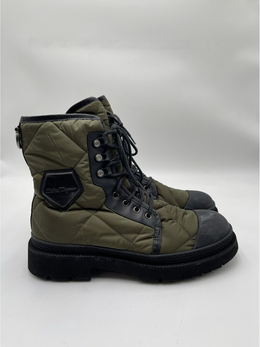 Salvatore Ferragamo Olive Quilted Nylon Leather Rally Combat Boots Size 7.5